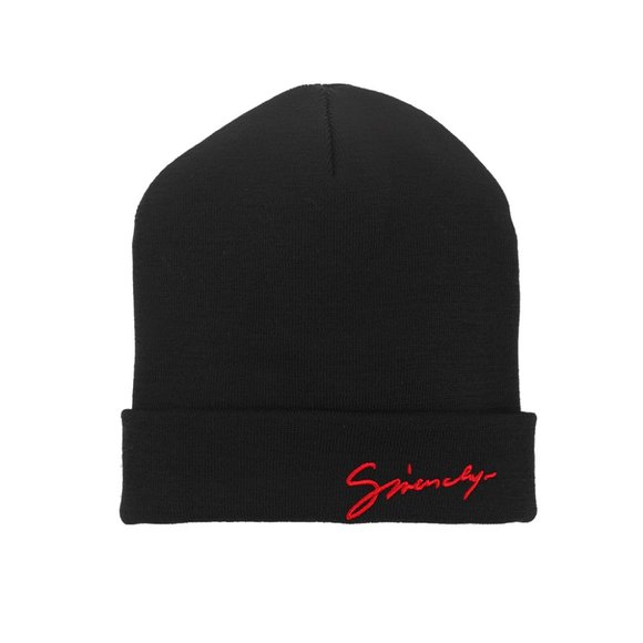Givenchy Unisex Script Logo Wool Beanie Black Red - Picture 1 of 3